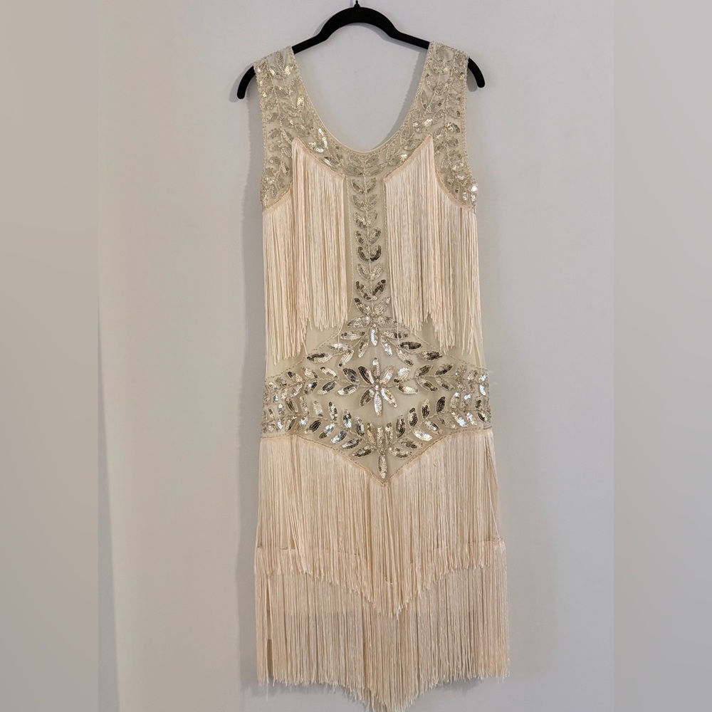 Sequin 1920 Flapper Gatsby Beaded Fringe Midi Dress Size M - Picture 8 of 14